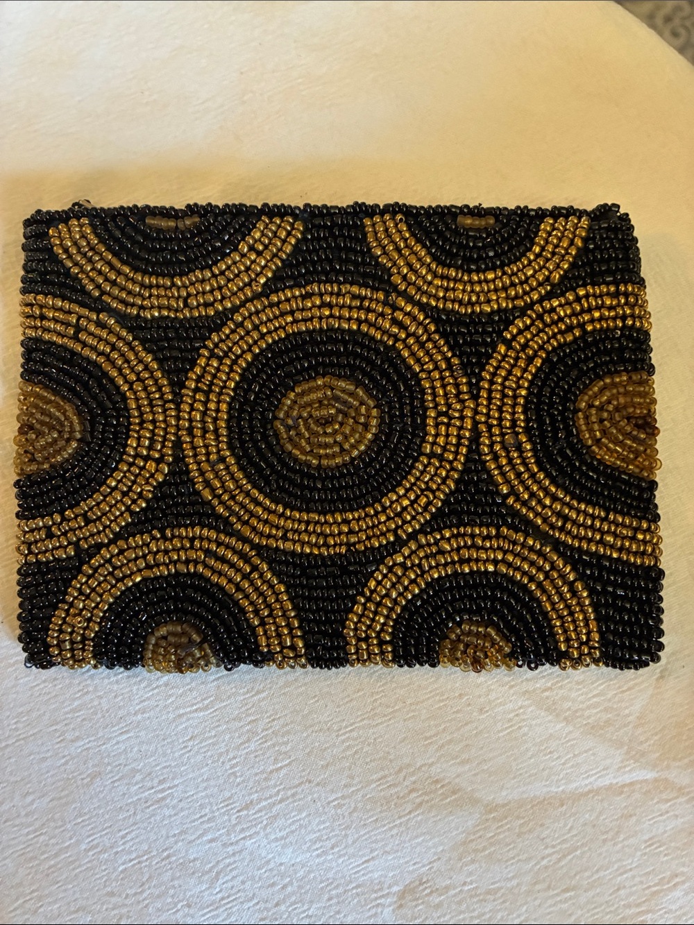Vintage Art Deco Style Black/Gold Beaded Small Purse Coin Geometric Circles 4x5”